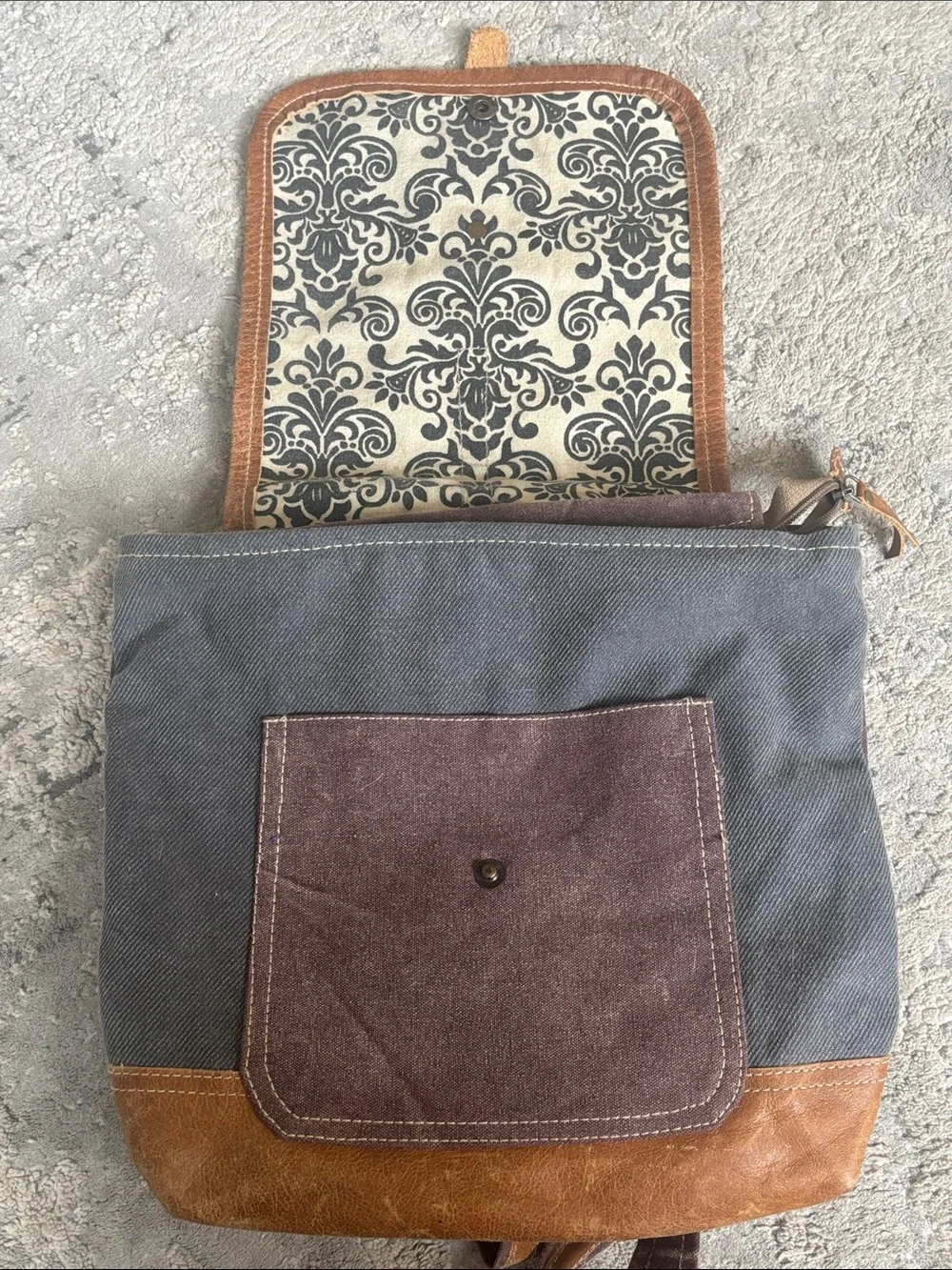 Canvas & Leather Patterned Flap Backpack - Cream, Brown, Gray